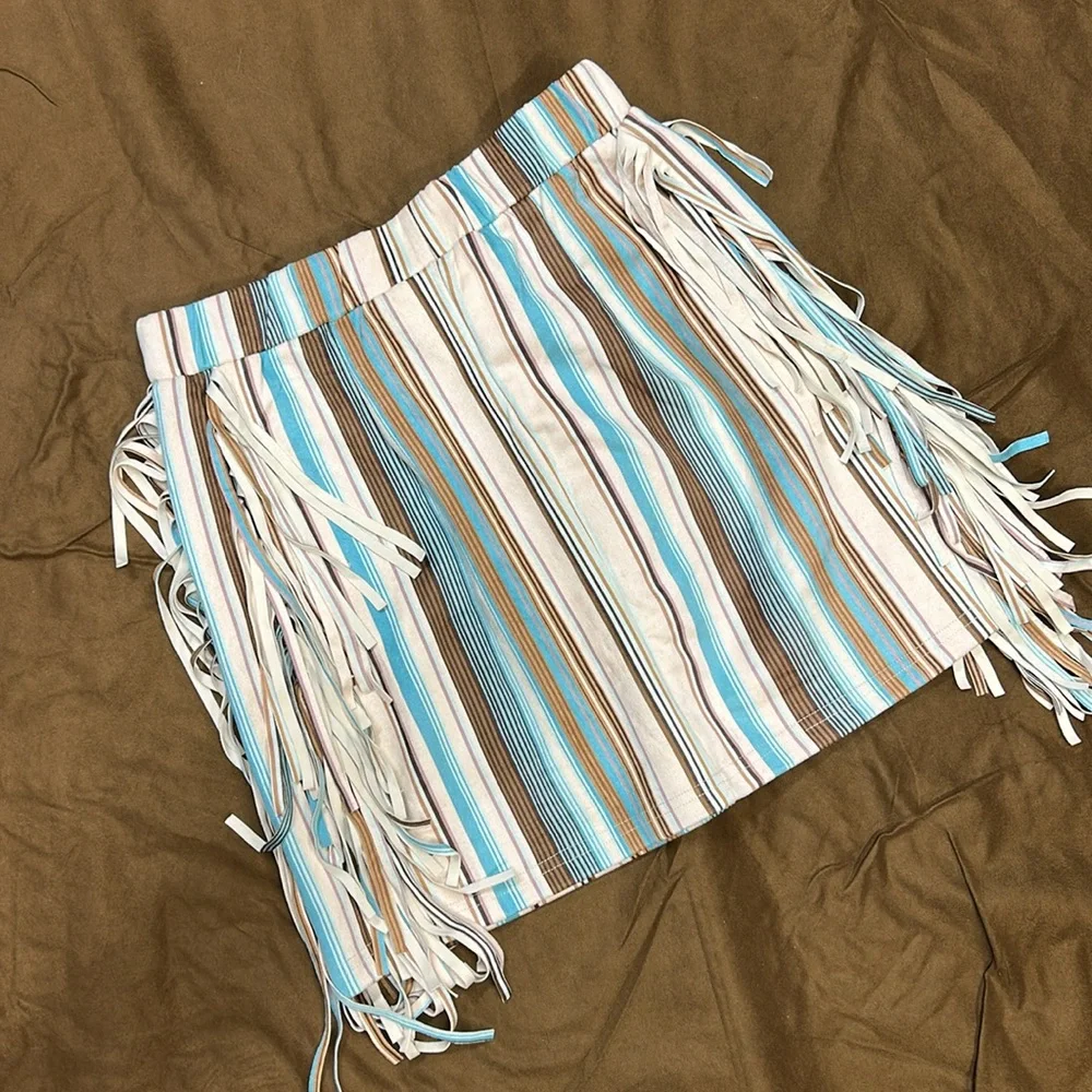 NWT Boutique, Emma & Grace Striped Fringe Skirt - Blue and Brown, Size Small, S